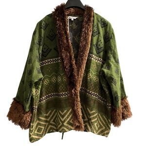 Passage Wrap Sweater Womens XL/XXL Green Southwestern Aztec  Knit Faux Fur Trim